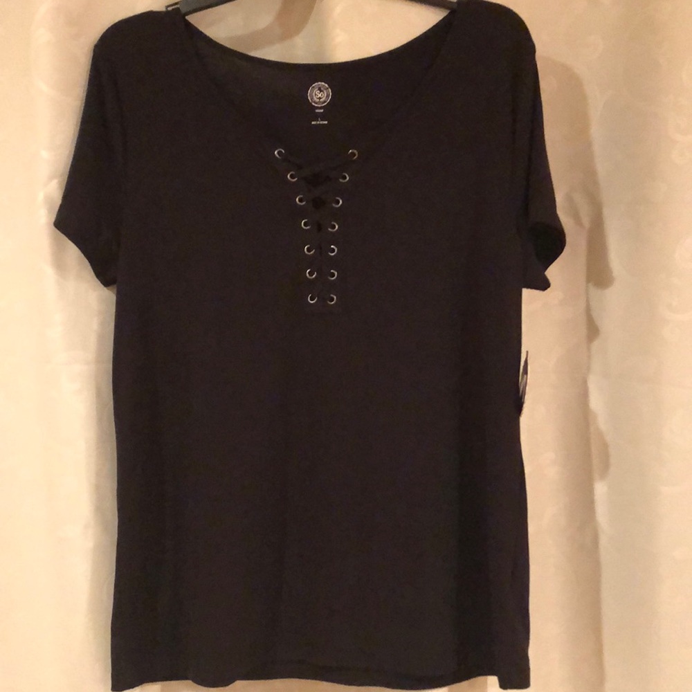 Lace up front black t
